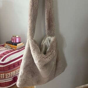 Plush Faux Fur Shoulder Bag in Light Beige